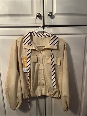 Chevvara Beige Buttoned Crop jacket  with Striped Tie Collar